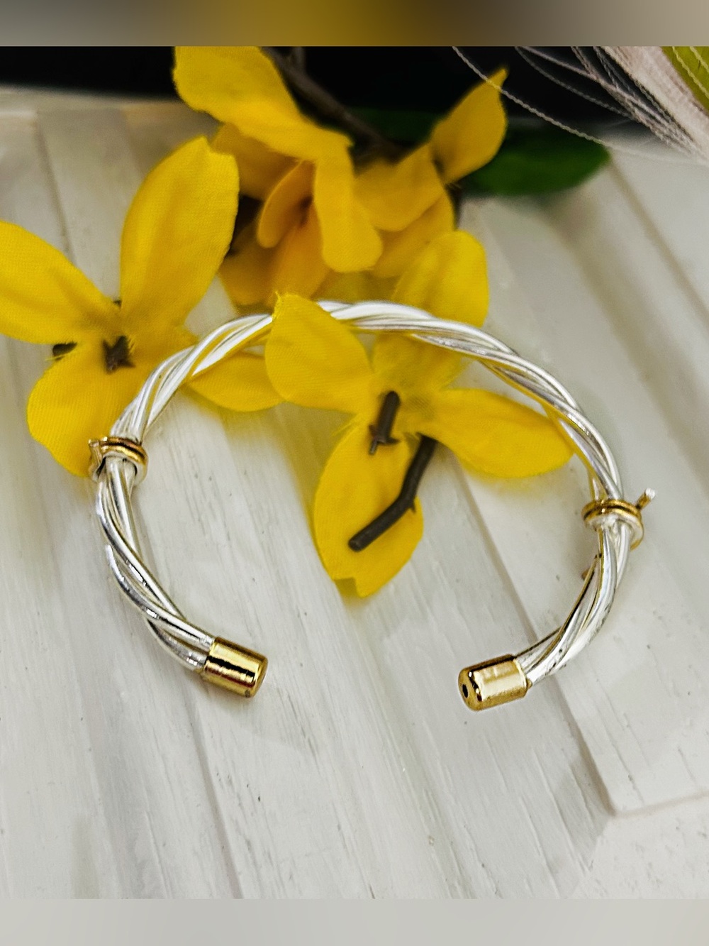 Elegant Two-Tone Twisted Cable Cuff Bracelet - Silver and Gold - Picture 6 of 11